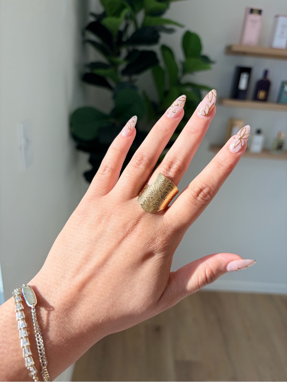 Pink Press-On Nails with Gold Floral Accents - Women's Nail Set